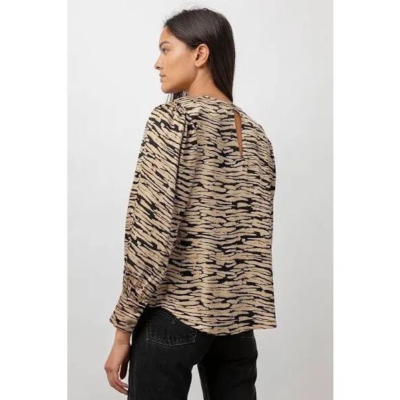 Rails Rozz Canyon Gold Black Animal Stripe Satin Puff Sleeve Blouse Womens Small - Picture 4 of 16